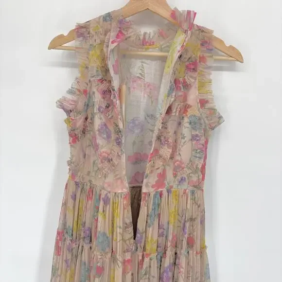 Let Me Be Jenny Maxi Dress S Tiered Ruffled Floral Mesh Sleeveless Fairy  Cottage